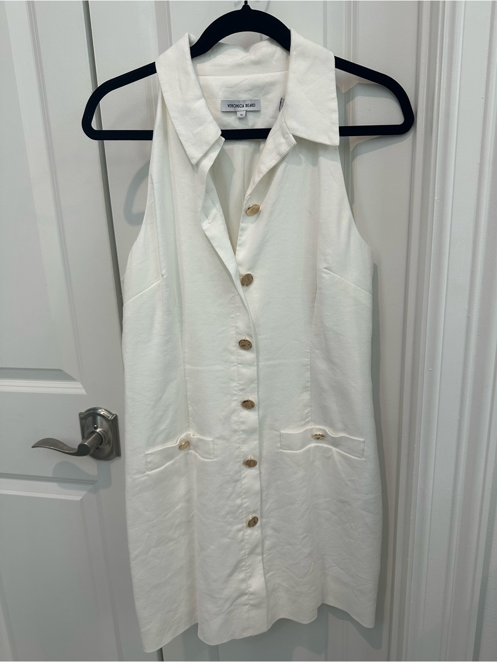 Veronica Beard White Linen-Blend Button Front Sleeveless Dress